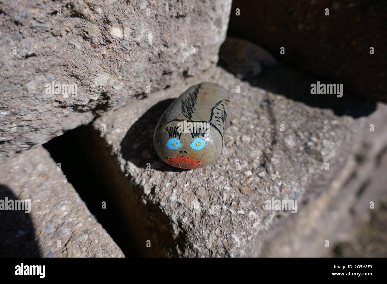 Kindness rock hidden with funny fish painted on Stock Photo