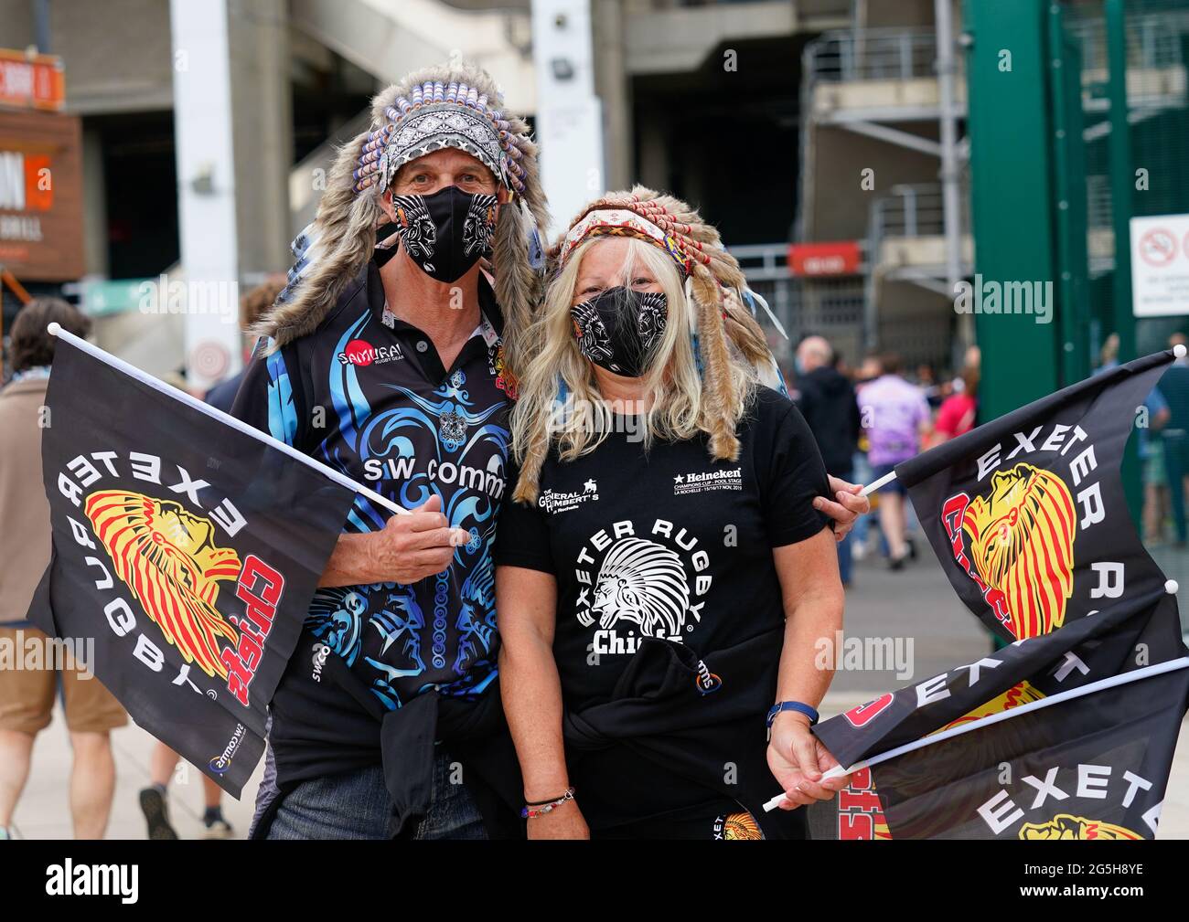 Exeter Chiefs fans before the Gallagher Premiership Rugby Final, Exeter Chiefs -V- Harlequins, on Saturday, June 26, 2021, at Twickenham Stadium, Midd Stock Photo