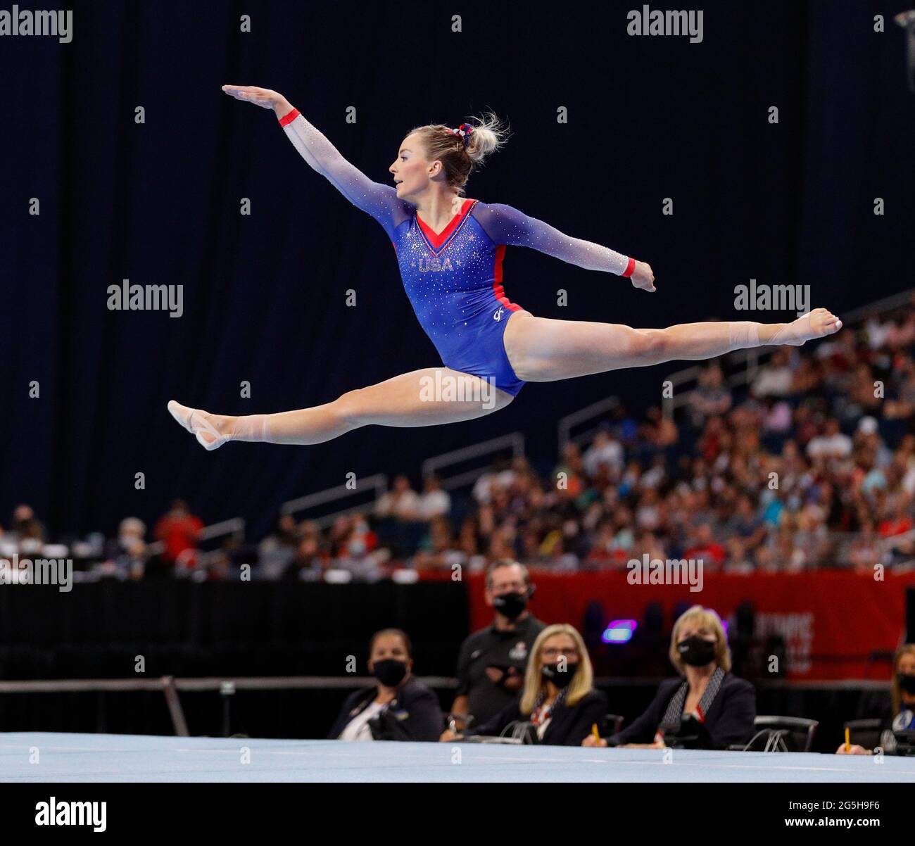 St Louis, USA. June 27, 2021: MyKayla Skinner leaps into the air during Day 2 of the 2021 U.S. Women's Gymnastics Olympic Team Trials at the Dome at America's Center in St. Louis, MO. Kyle Okita/CSM Credit: Cal Sport Media/Alamy Live News Stock Photo