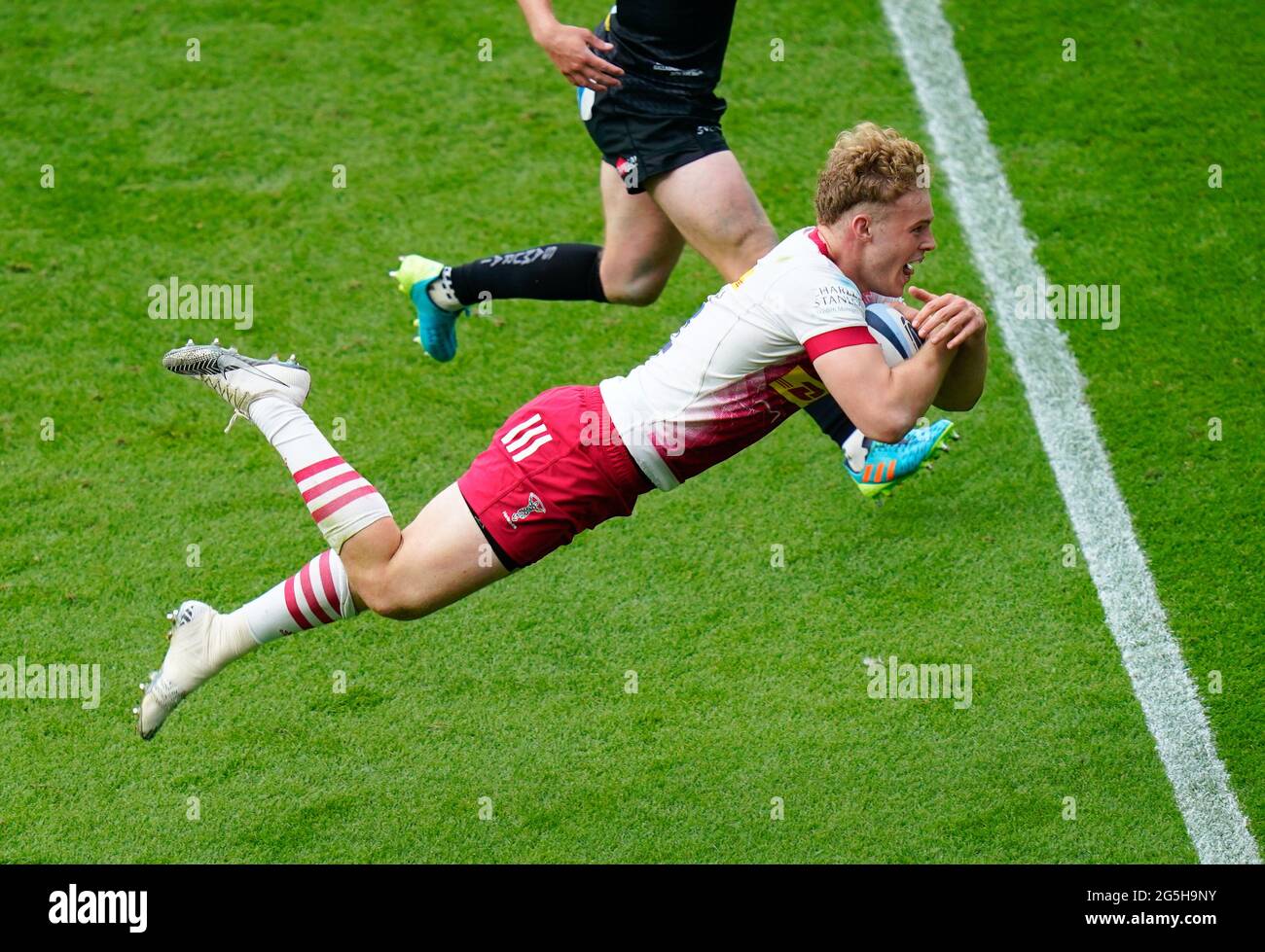 Harlequins wing Louis Lynagh dives over to score a try during the Gallagher Premiership Rugby Final, Exeter Chiefs -V- Harlequins, on Saturday, June 2 Stock Photo