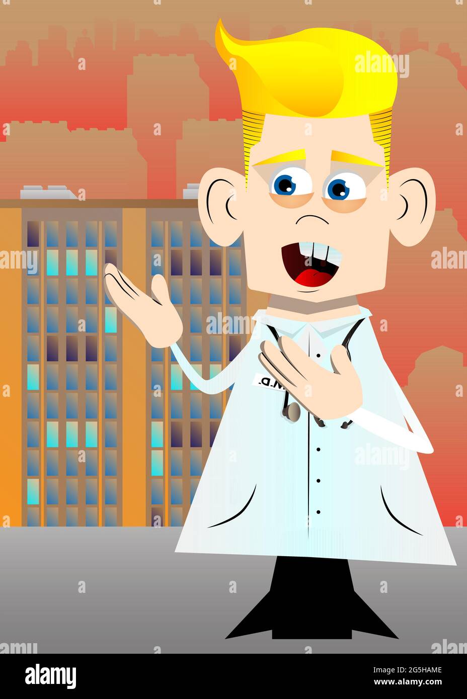 Funny Cartoon Doctor Showing Something With Both Hands, Powerful Hand 