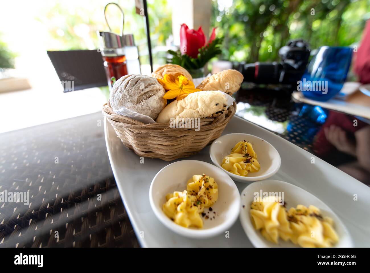 Various breads in the basket at Restaurant Stock Photo