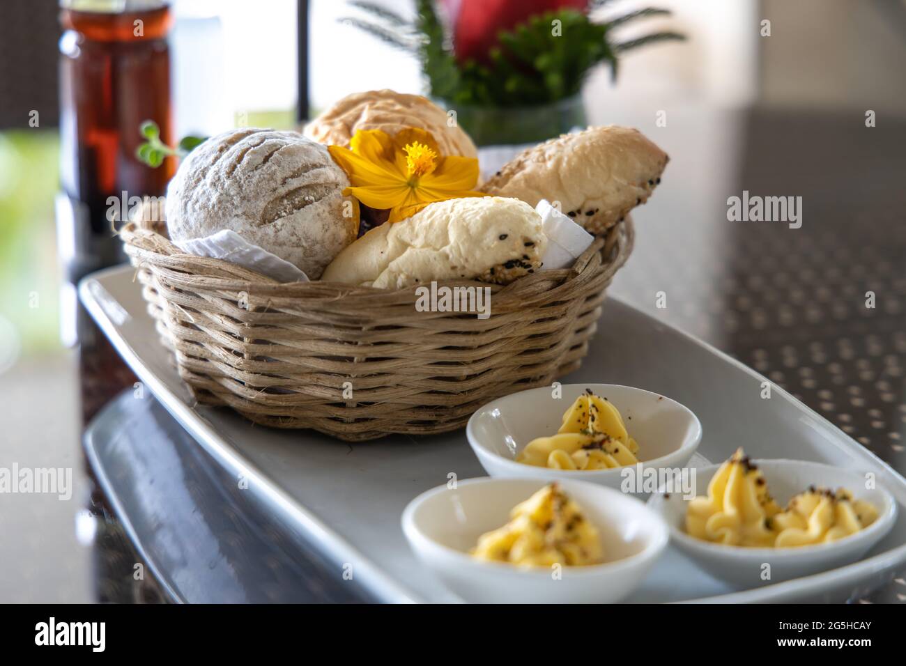 Various breads in the basket at Restaurant Stock Photo