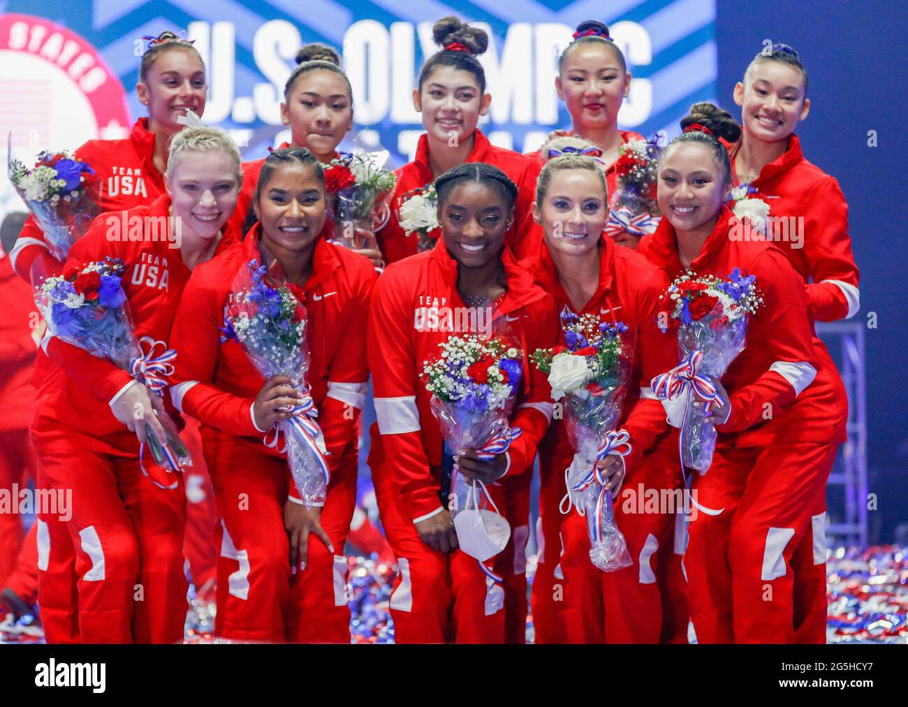 St Louis Usa June 27 21 Members And Alternates Of The U S Womens Olympic Team Pose Following The 21 U S Women S Gymnastics Olympic Team Trials At The Dome At America S Center In St Louis Usa June 27 21 Members And Alternates Of The U S Womens Olympic Team Pose Following The 21 U S Women S Gymnastics Olympic Team Trials At The Dome At America S Center In
