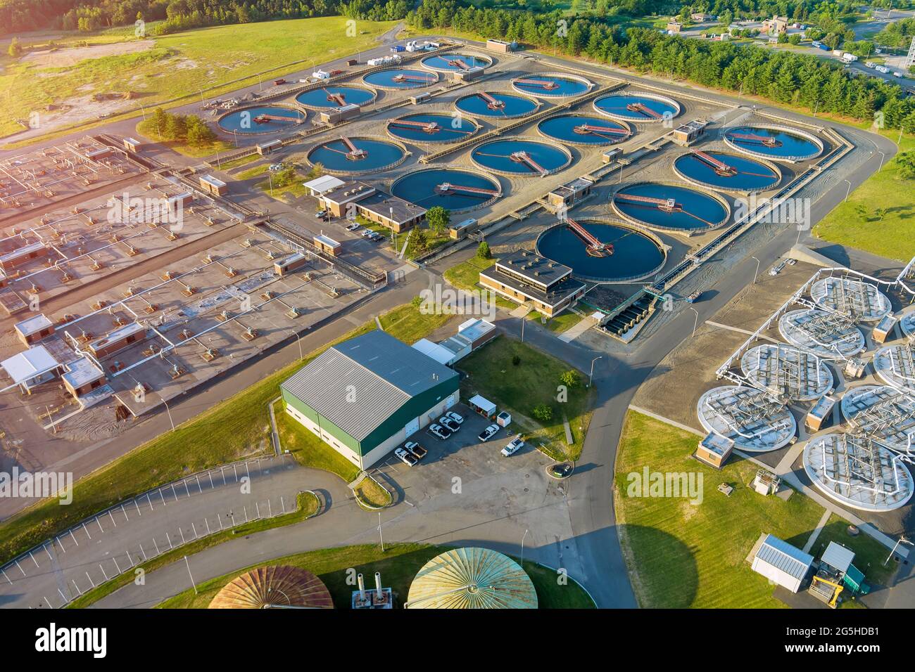 Aerial view of drinking water treatment plants for big city from water