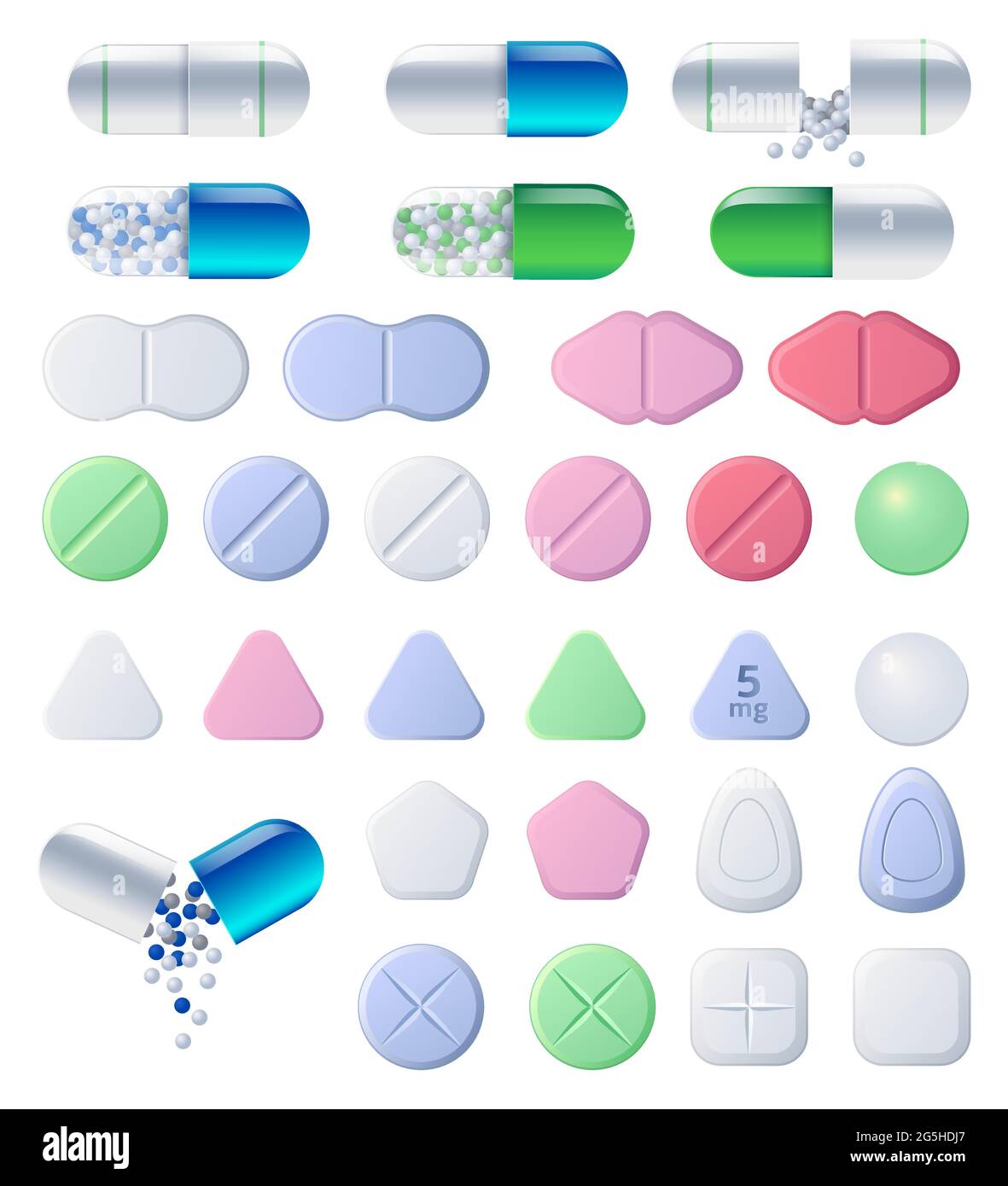 Pills, tablets and medicine drugs, colorful capsules with granulated filler. Oval and round medicament painkillers, antibiotics, vitamins, amino acid, mineral, bio active additives, Cartoon vector set Stock Vector