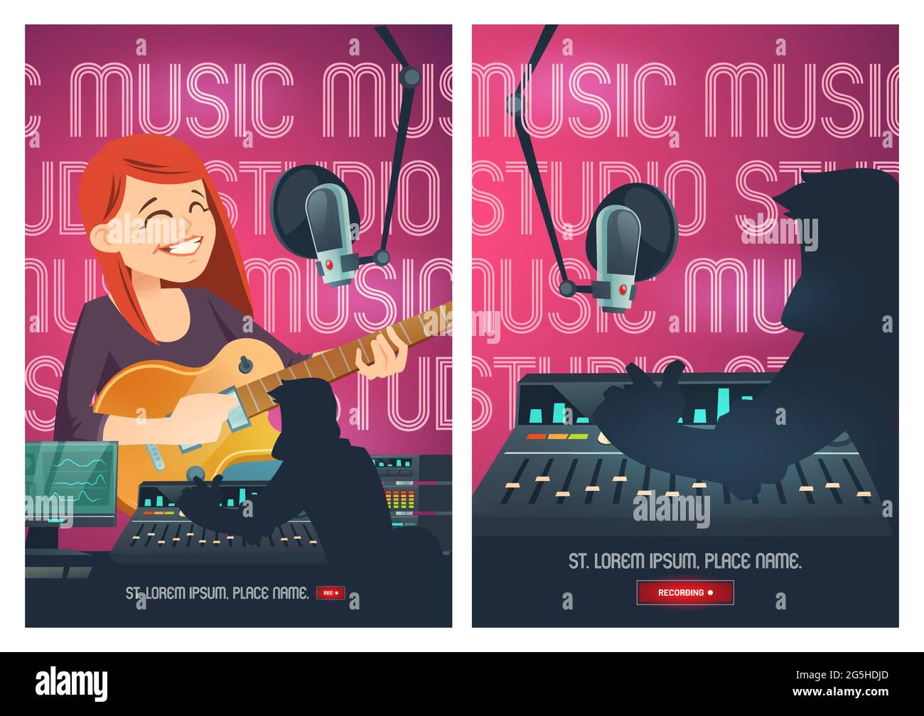 Recording studio cartoon poster, singer woman with guitar sing in music booth with microphone and engineer capturing, mixing and mastering samples on sound recorder board, vector illustration Stock Vector