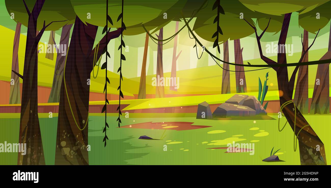Cartoon forest background, nature landscape with deciduous trees, moss and lianas on trunks and rocks, grass, bushes and sunlight spots on ground. Scenery summer or spring wood, vector illustration Stock Vector Image Cartoon forest background, nature landscape with deciduous trees, moss and lianas on trunks and rocks, grass, bushes and sunlight spots on ground. Scenery summer or spring wood, vector illustration Stock Vector Image