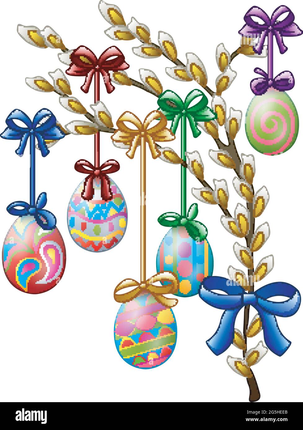 Easter eggs decorated hanging on a tree branch Stock Vector