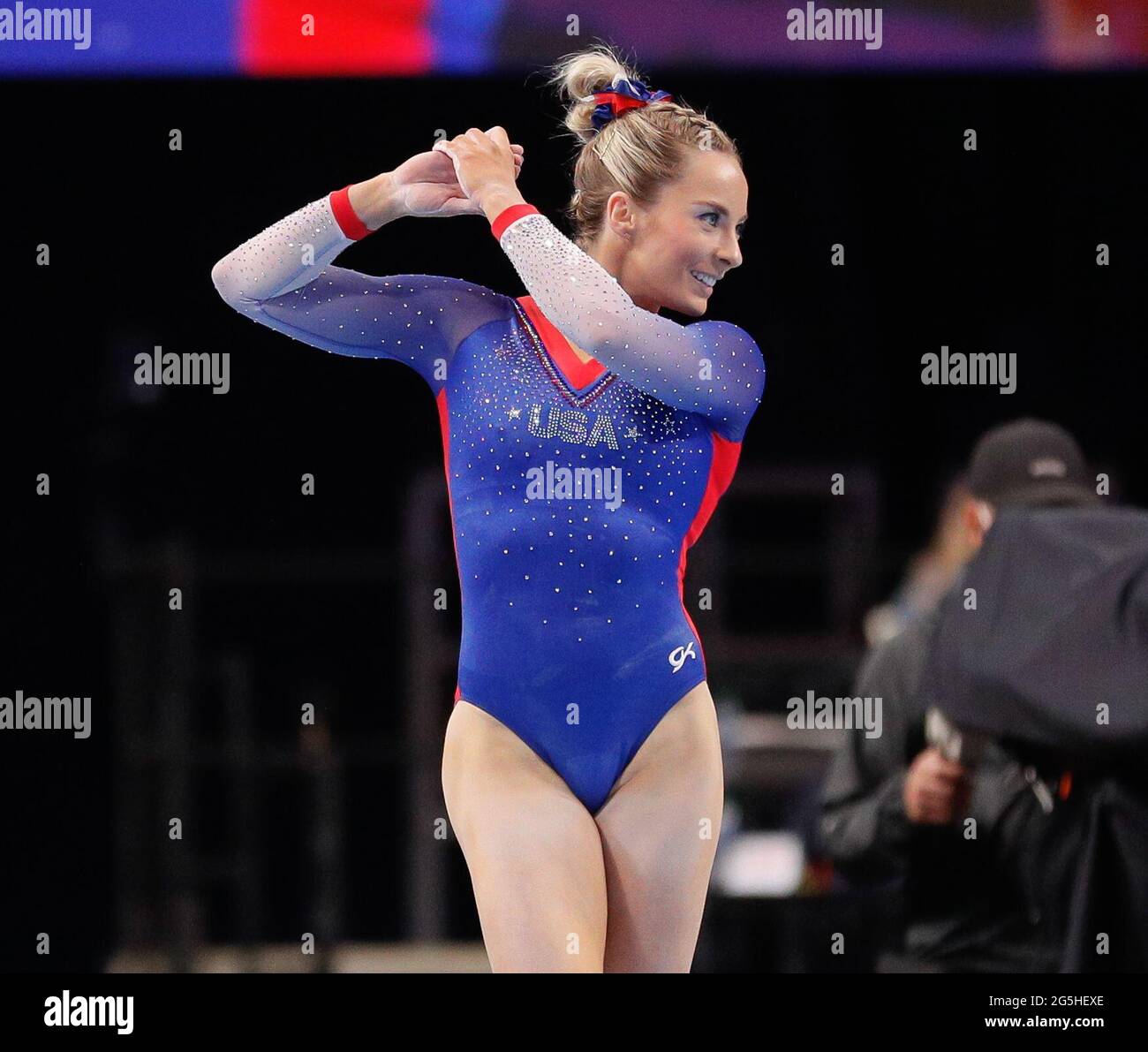 St Louis, USA. June 27, 2021: MyKayla Skinner finishes her floor routine during Day 2 of the 2021 U.S. Women's Gymnastics Olympic Team Trials at the Dome at America's Center in St. Louis, MO. Kyle Okita/CSM Credit: Cal Sport Media/Alamy Live News Stock Photo