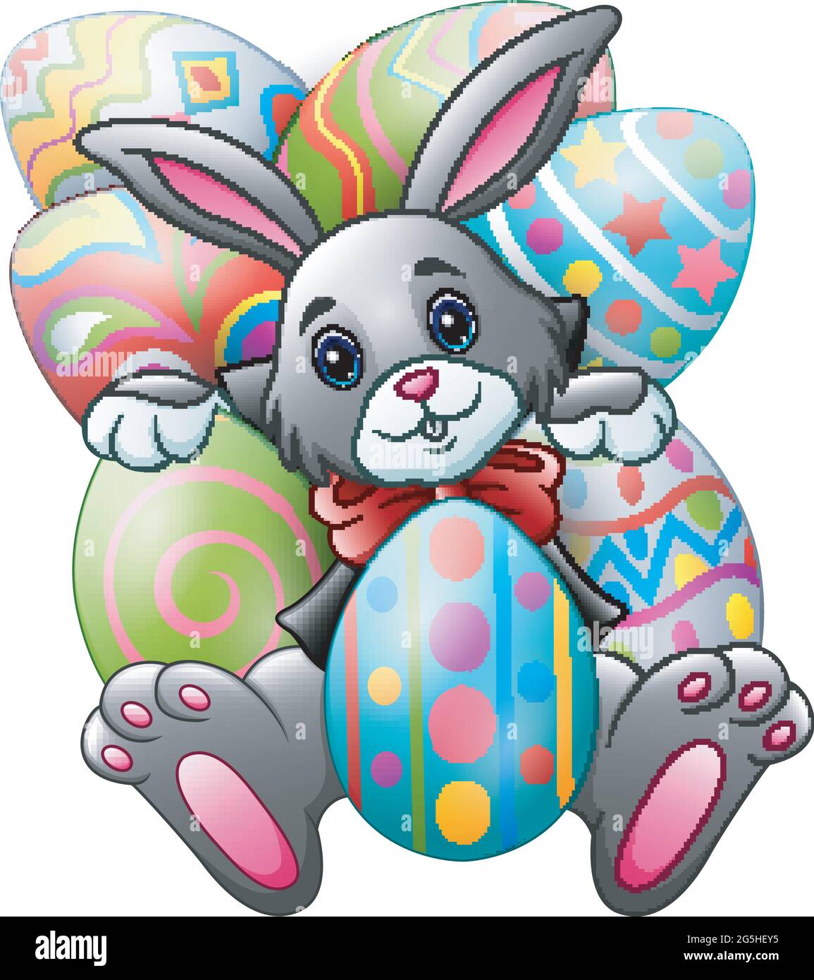 Cartoon bunny with big easter eggs on a white background Stock Vector