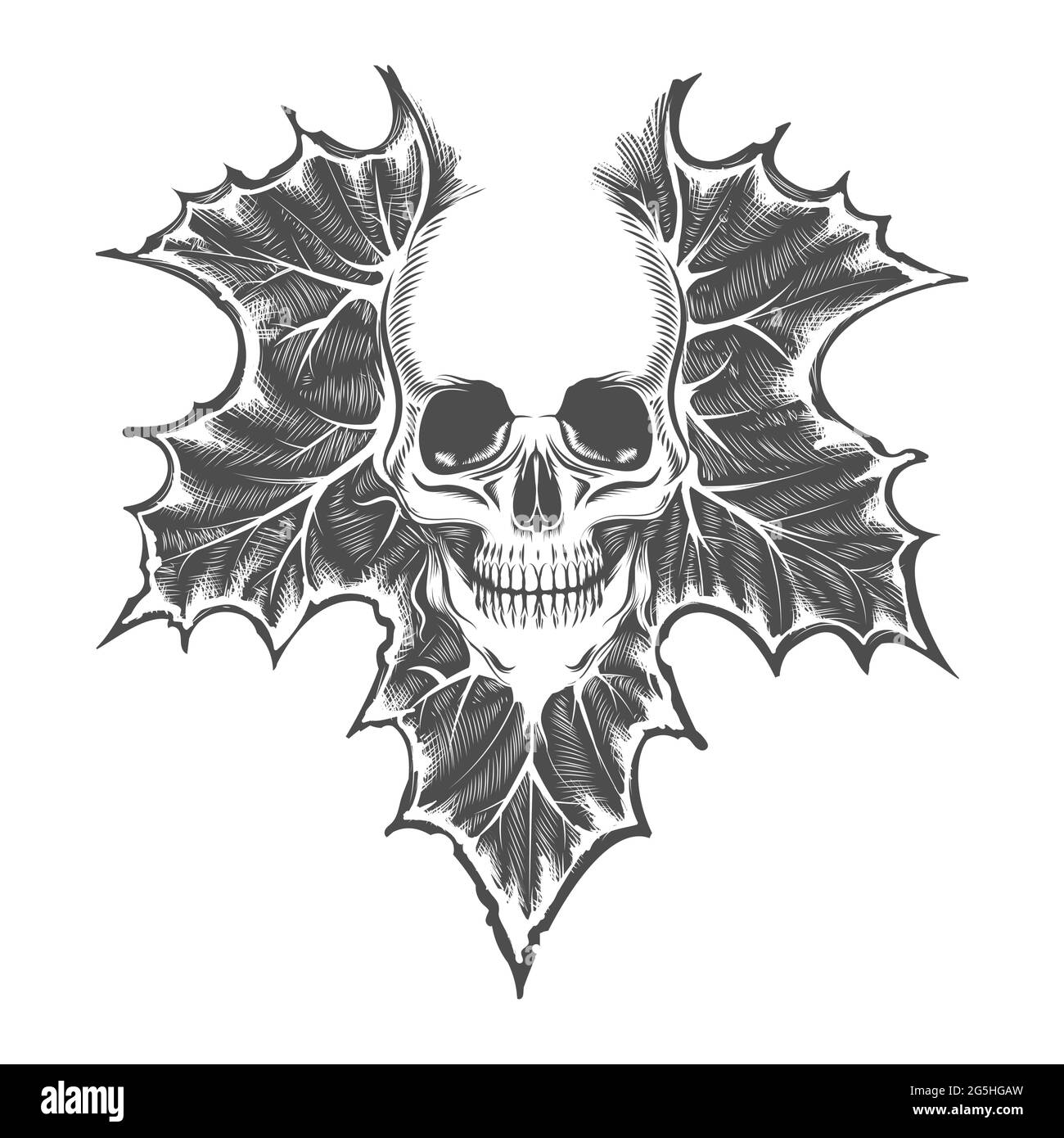 Tattoo of Skull On Maple Leaf drawn in engraving Style. Vector illustration. Stock Vector