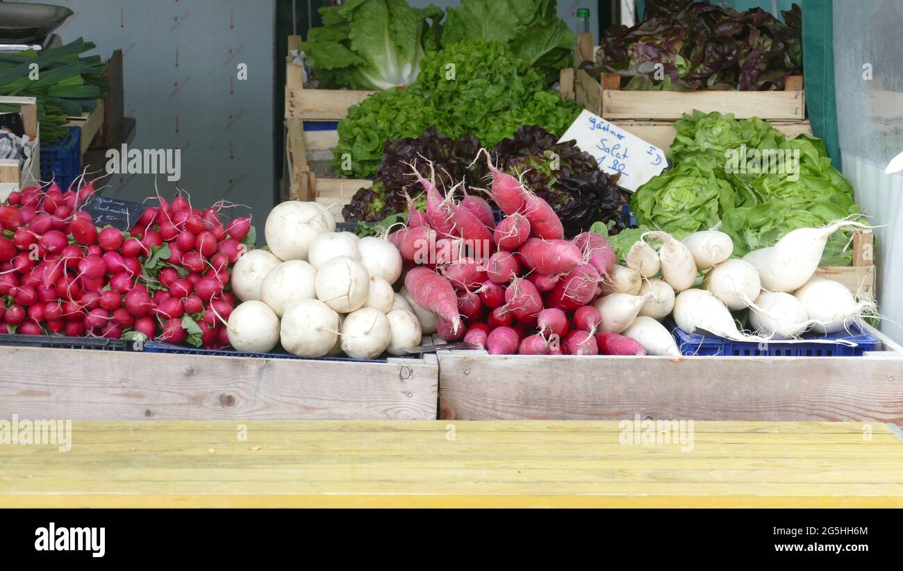Root vegetables, radish, round, long, white, purple on food market. Stock Photo