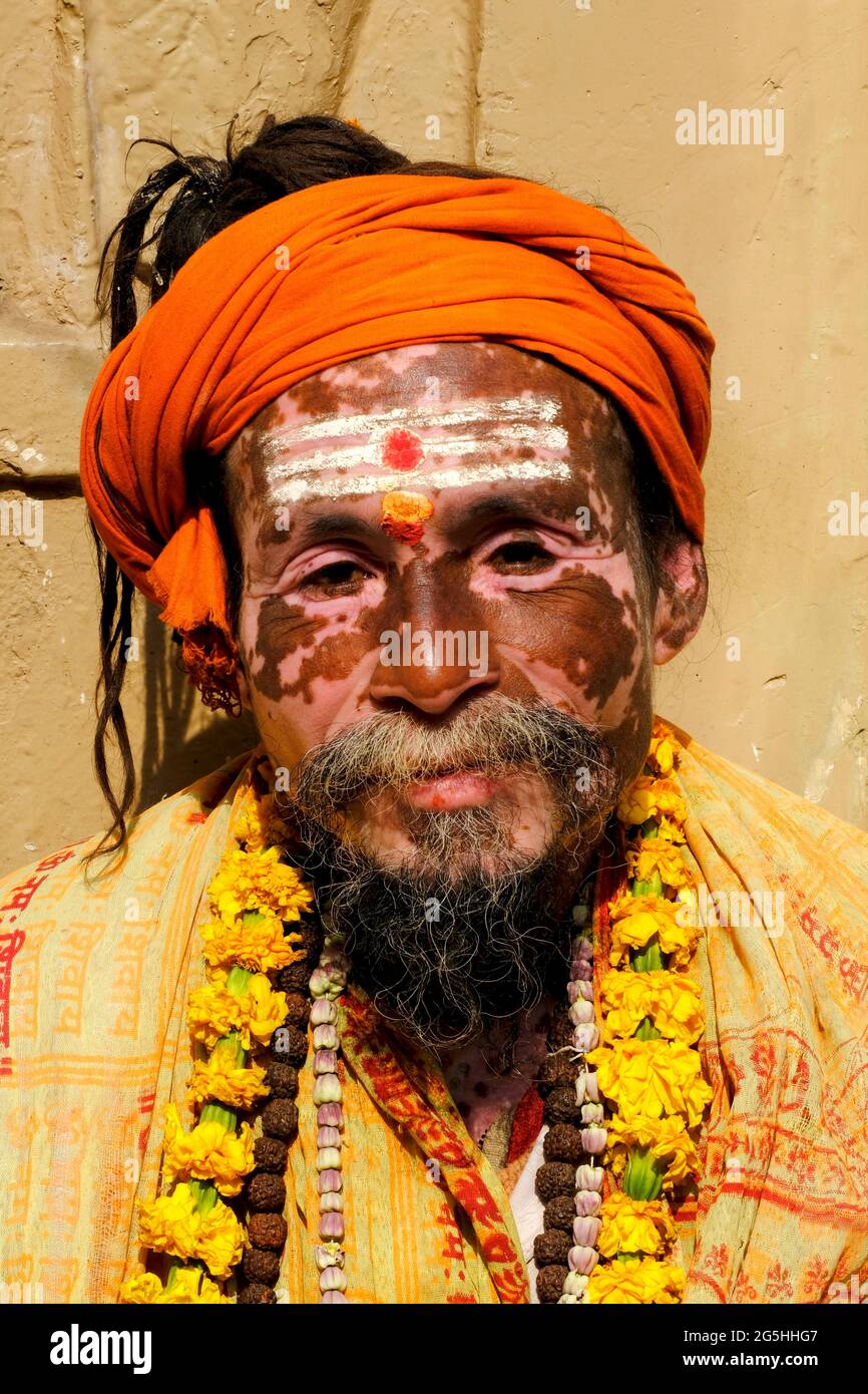 Varanasi, Uttar Pradesh, INDIA, January 31, 2021: Old sadhu man with a skin disease and pigment problem called skin vertigo Stock Photo