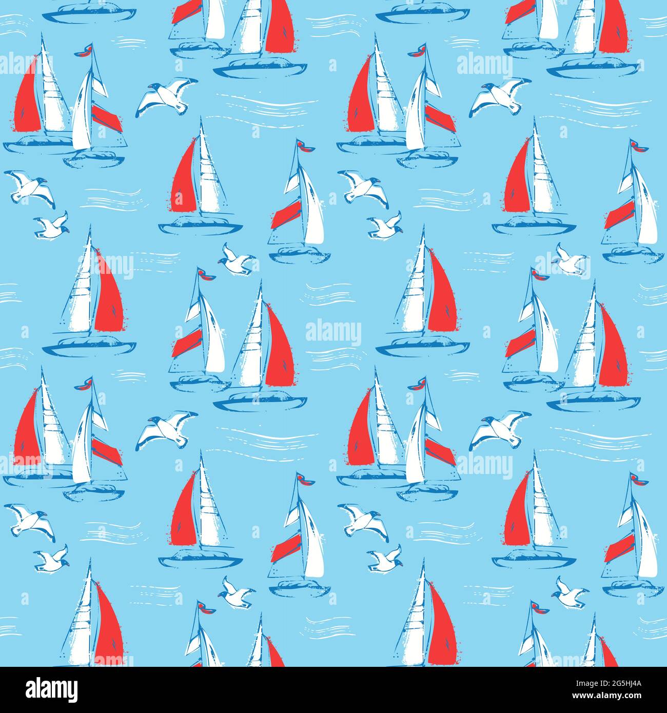 Nautical seamless pattern with sail boats and seagulls. Sea background. Vector illustration. Stock Vector