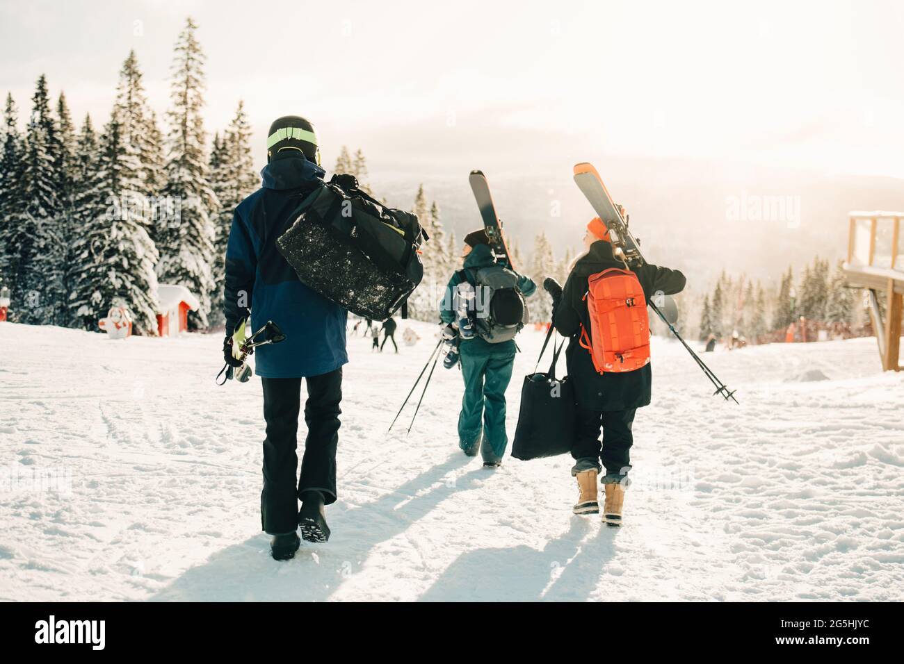 Full length rear view of friends walking at ski resort during winter Stock Photo