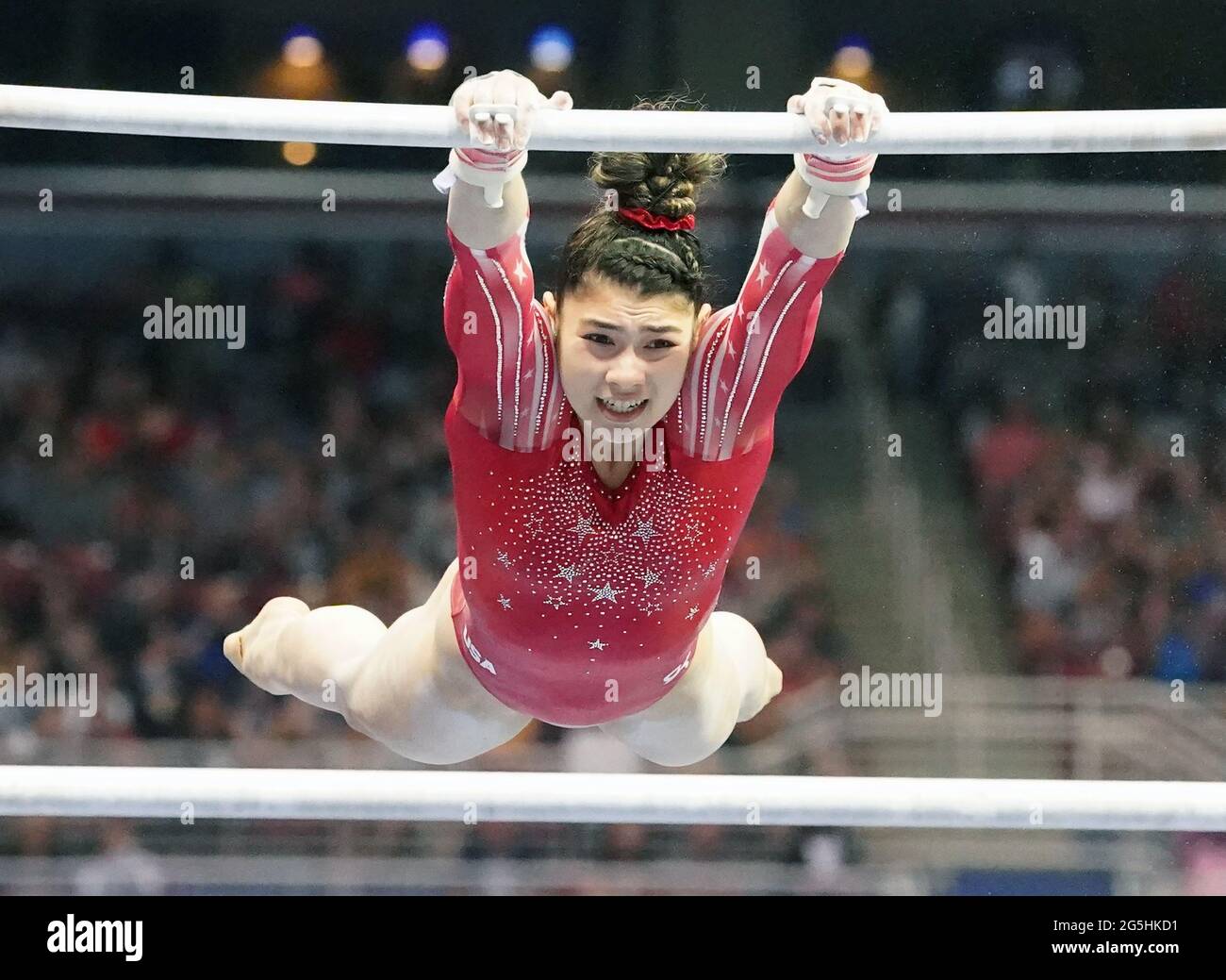 St. Louis, United States. 28th June, 2021. Gymnast Kayla DiCello preforms on the uneven bars during Day 2 of the Women's U.S. Olympic Gymnastic Trials at the The Dome at America's Center in St. Louis on June 27, 2021. Photo by Bill Greenblatt/UPI Credit: UPI/Alamy Live News Stock Photo