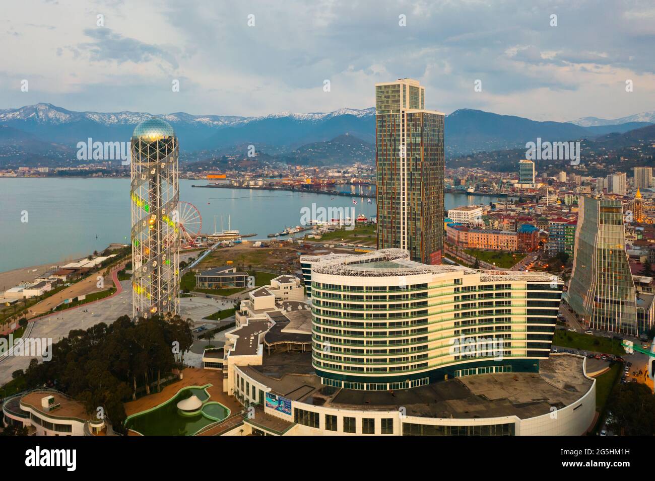 Evening aerial view of Batumi cityscape on Black sea coast Stock Photo ...