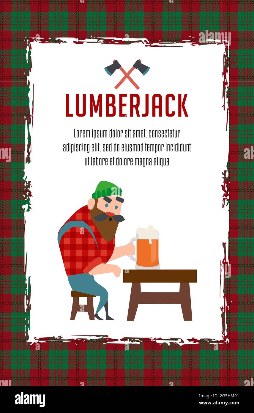 Lumberjack drinks beer resting after work, flonel shirt braids beard in