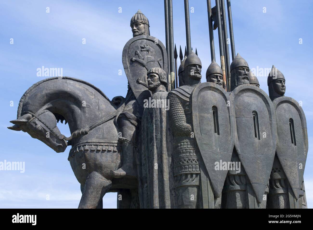 PSKOV, RUSSIA - JUNE 11, 2018: Alexander Nevsky with a squad. Fragment of the memorial 'Ice Slaughter' on Mount Sokolikha Stock Photo
