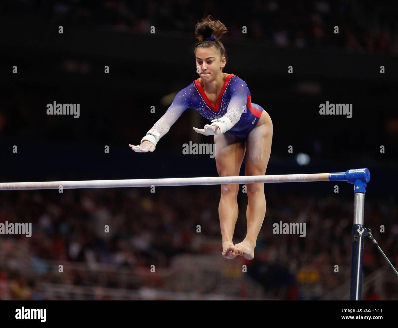 St Louis, USA. June 27, 2021 Addison Fatta performs on the uneven