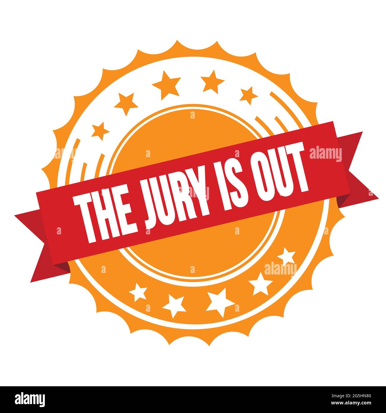 THE JURY IS OUT text on red orange ribbon badge stamp Stock Photo Alamy