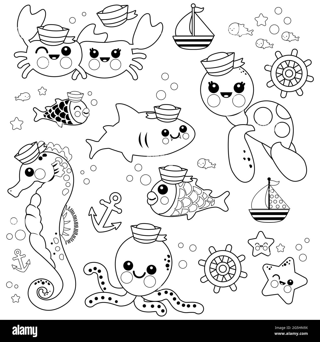 Baby sea animals marine nautical set. Black and white coloring page. Stock Photo