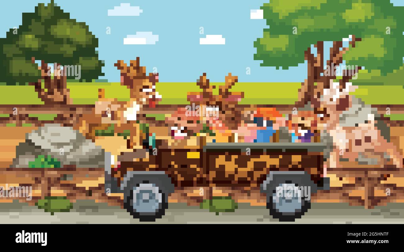 Children group at the zoo with many deers illustration Stock Vector ...