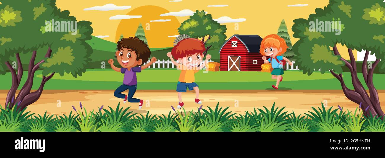 Farm horizontal landscape scene with children cartoon character ...