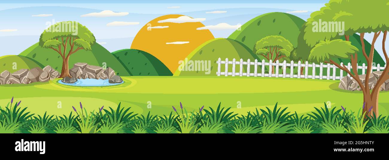 Panorama landscape scene with many trees in the park illustration Stock ...