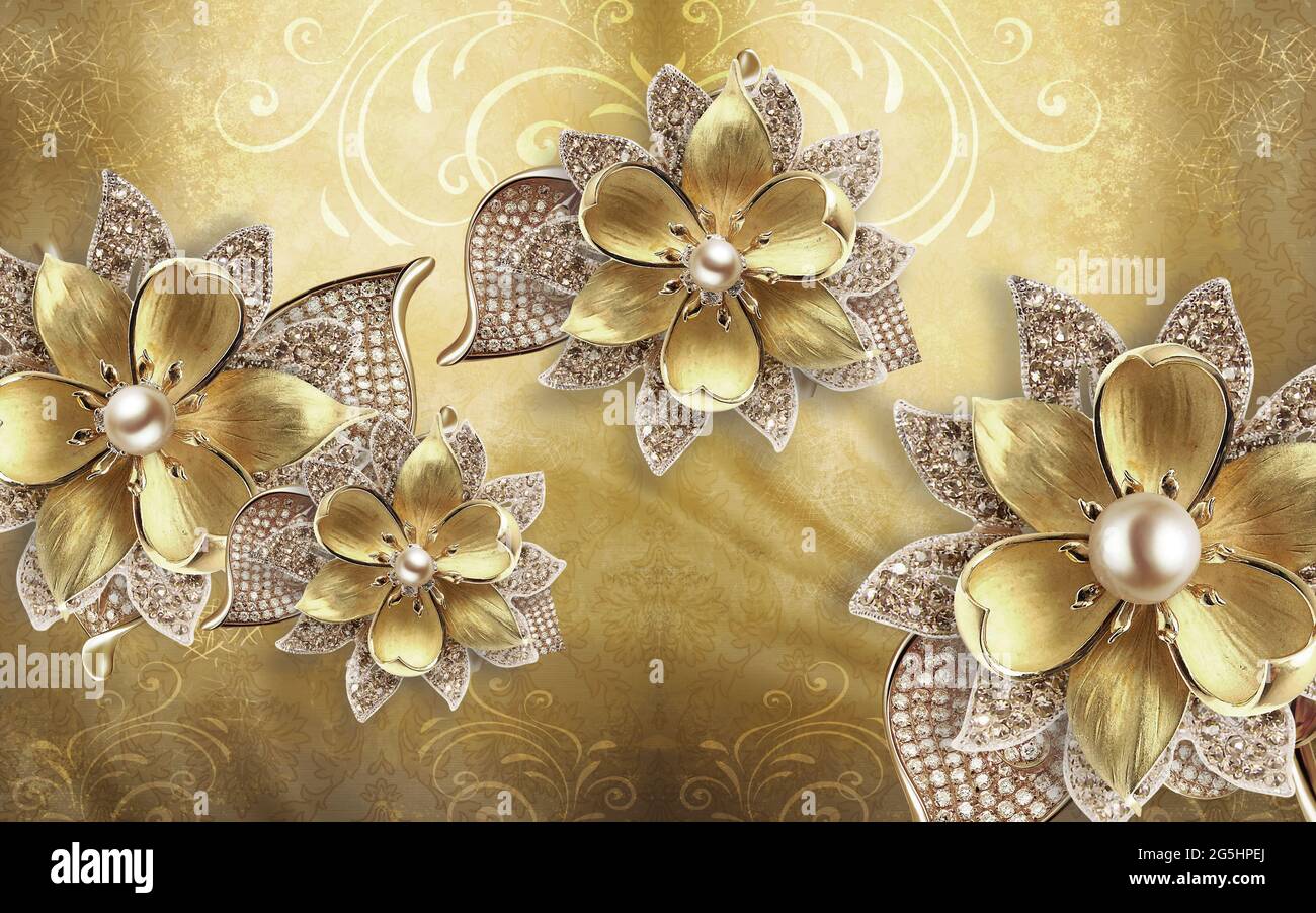 3D Wallpaper mural Design with Floral and Geometric Objects gold pearls