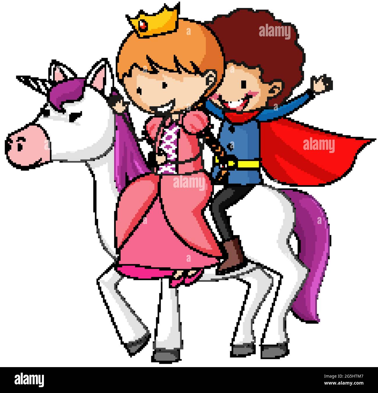 Simple cartoon character of prince and princess riding a unicorn