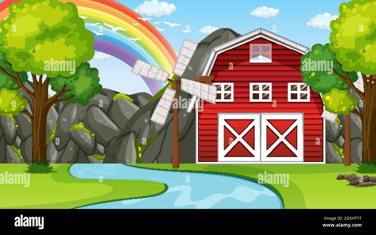 Farm landscape scene with barn and windmill illustration Stock Vector ...