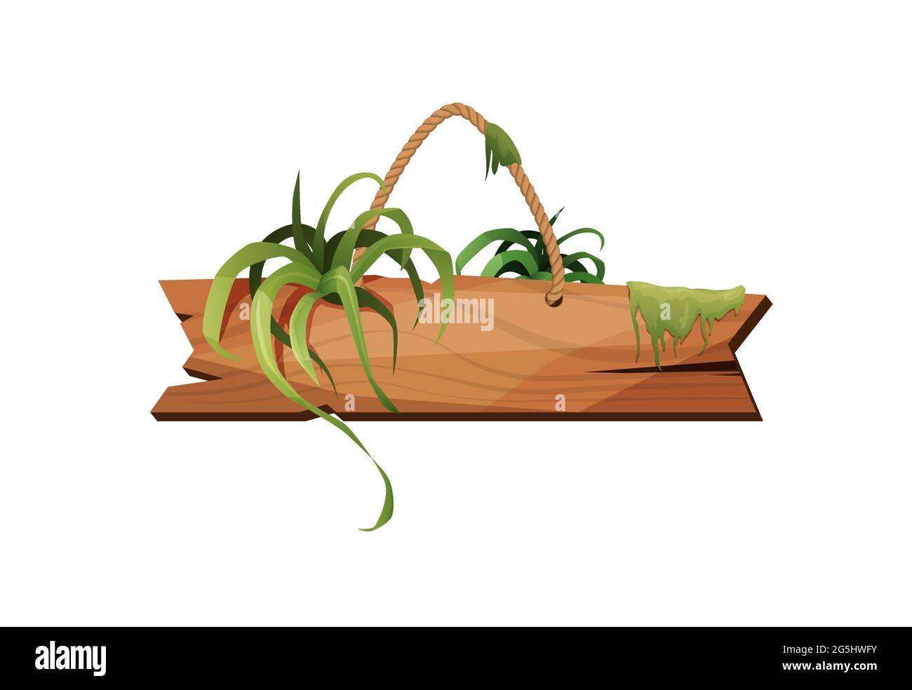 Empty wooden plank hanging on ropes with tropical leaves. Retro banners for game. Cartoon vector illustration. Stock Vector