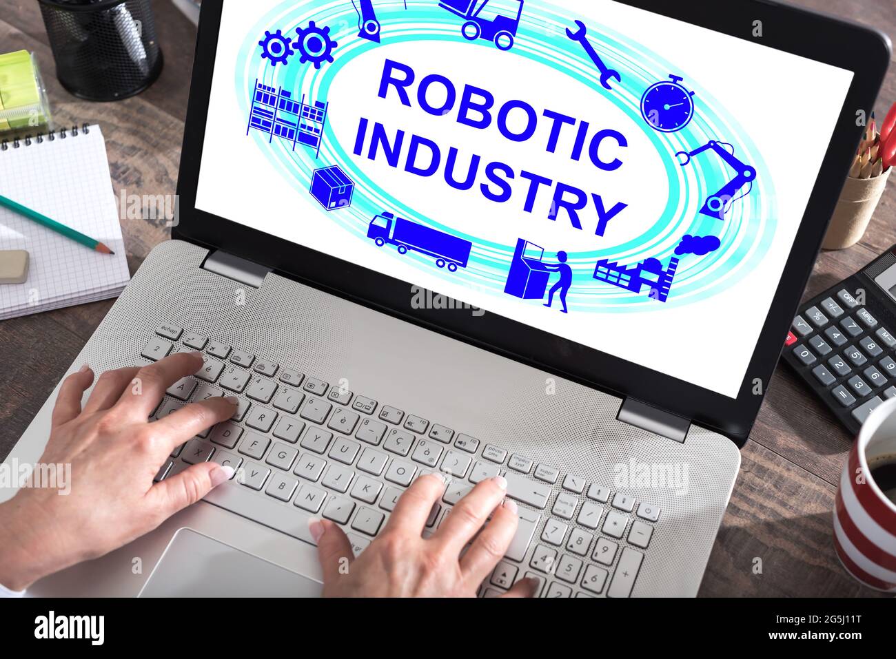 Robotic industry concept shown on a laptop screen Stock Photo