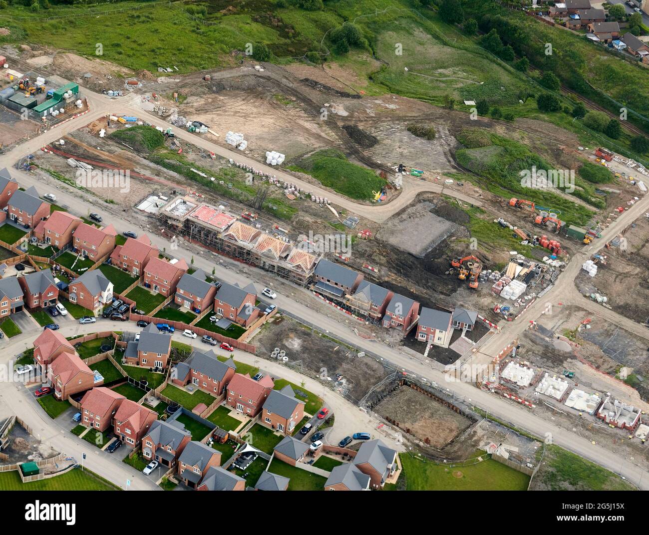 An aerial view of new housing under construction, Harrogate, North Yorkshire, northern England, UK Stock Photo