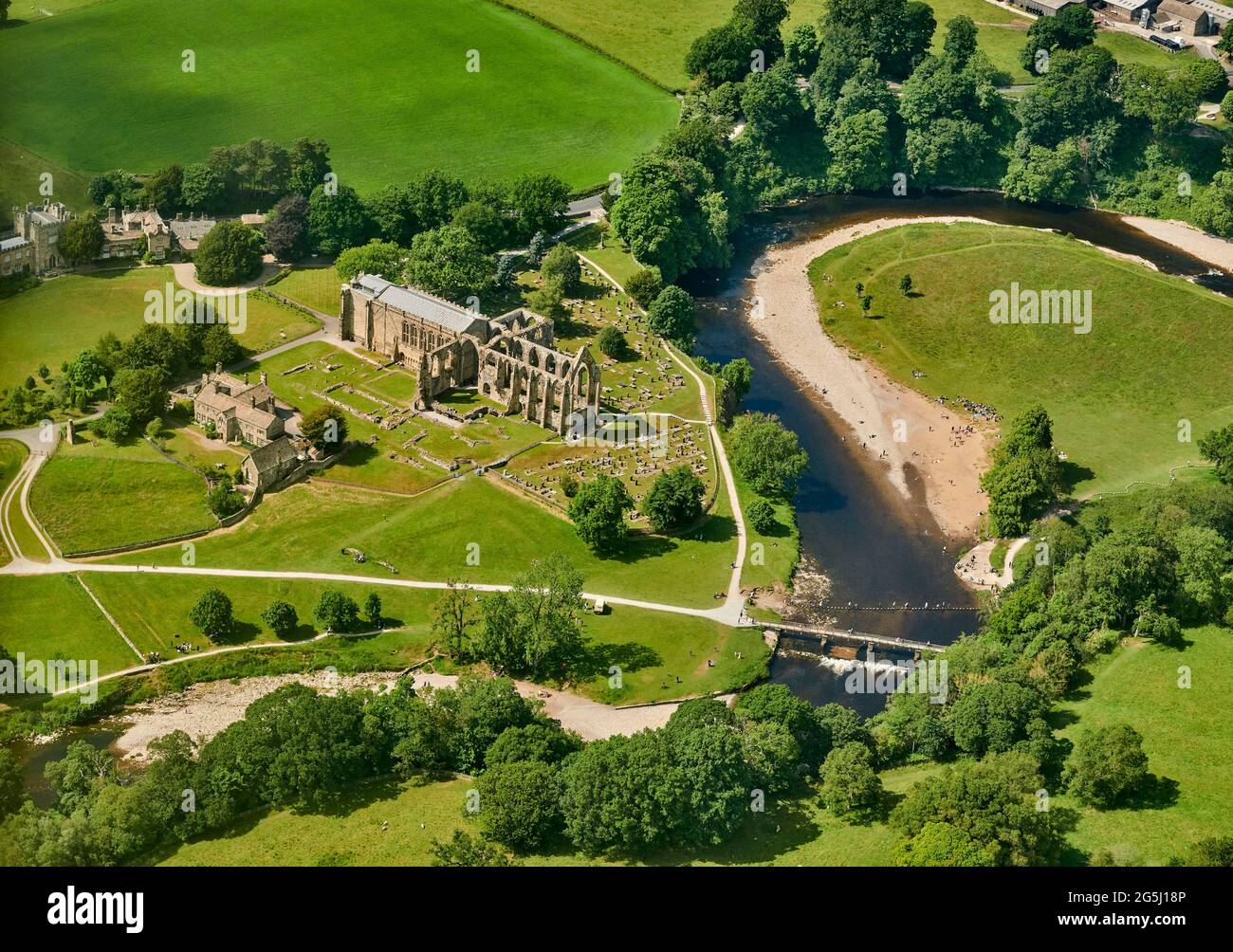 Bolton Abbey in the Yorkshire Dales, near Skipton, northern England, UK on a beautiful sunny summers day, shot from the air Stock Photo