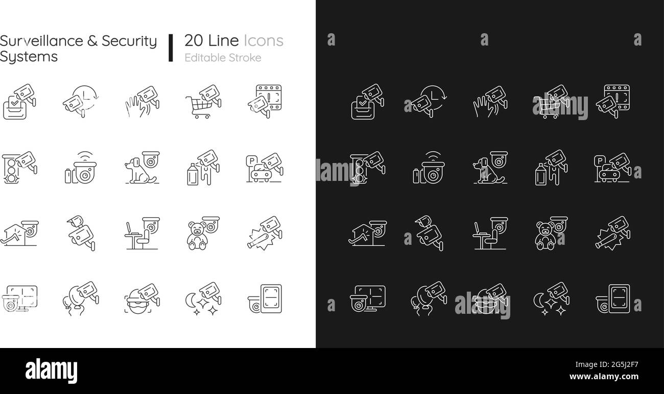 Surveillance and security systems linear icons set for dark and light ...