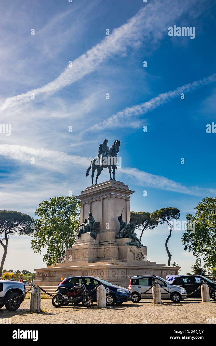 Rome, Lazio, Italy - Bronze statue of the Italian general and patriot Giuseppe Garibaldi, on horseback, at the Janiculan Hill (Janiculum). Monument to Stock Photo
