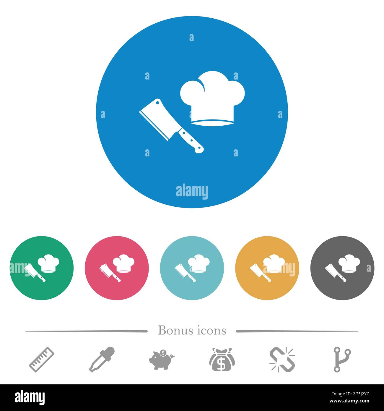 Meat cleaver knife and chef hat flat white icons on round color ...
