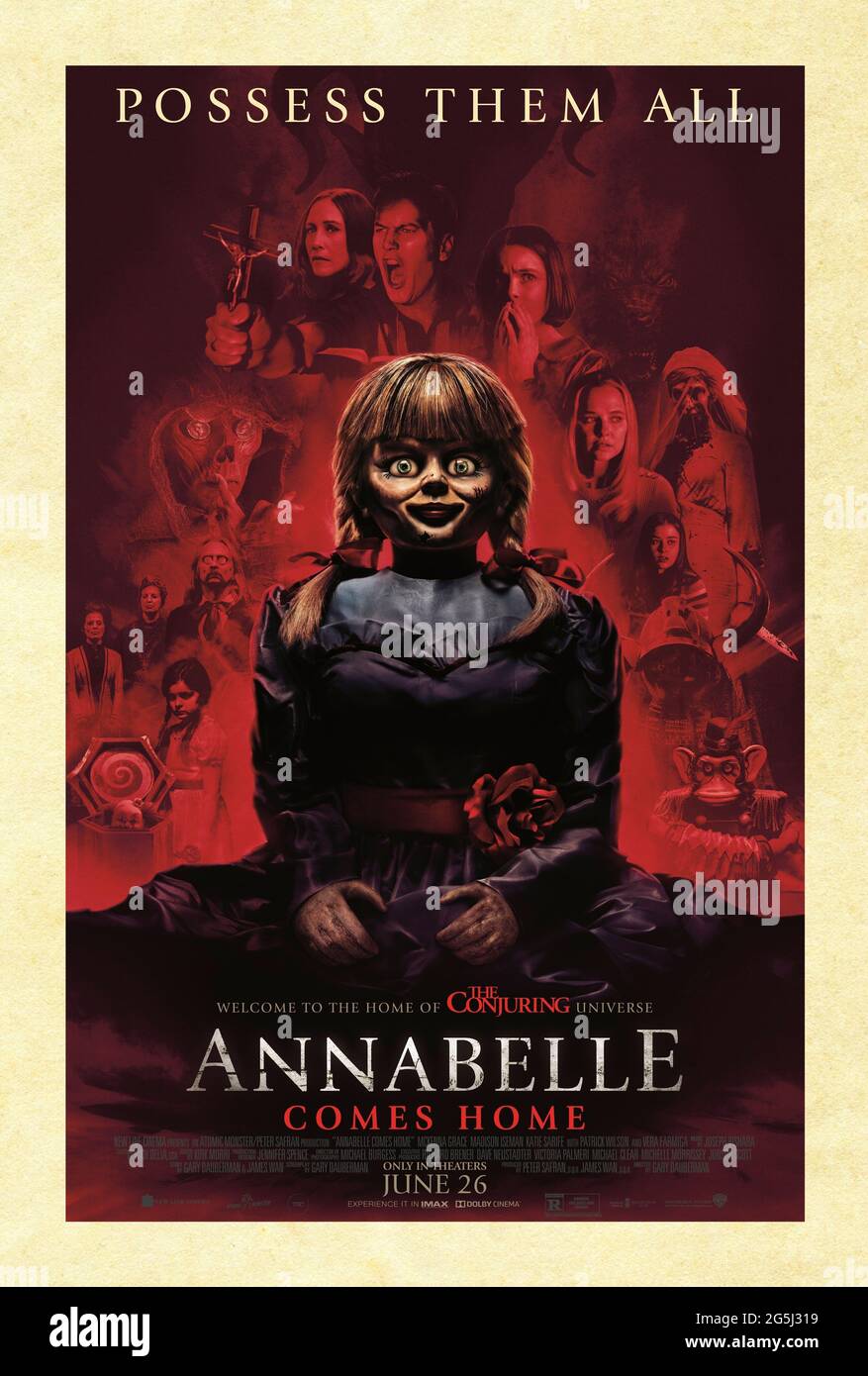 Annabelle Comes Home (2019) directed by Gary Dauberman and starring Vera Farmiga, Patrick Wilson and Mckenna Grace. While babysitting the daughter of paranormal investigators Ed and Lorraine Warren, a teenager and her friend unknowingly awaken an evil spirit trapped in a doll. Stock Photo