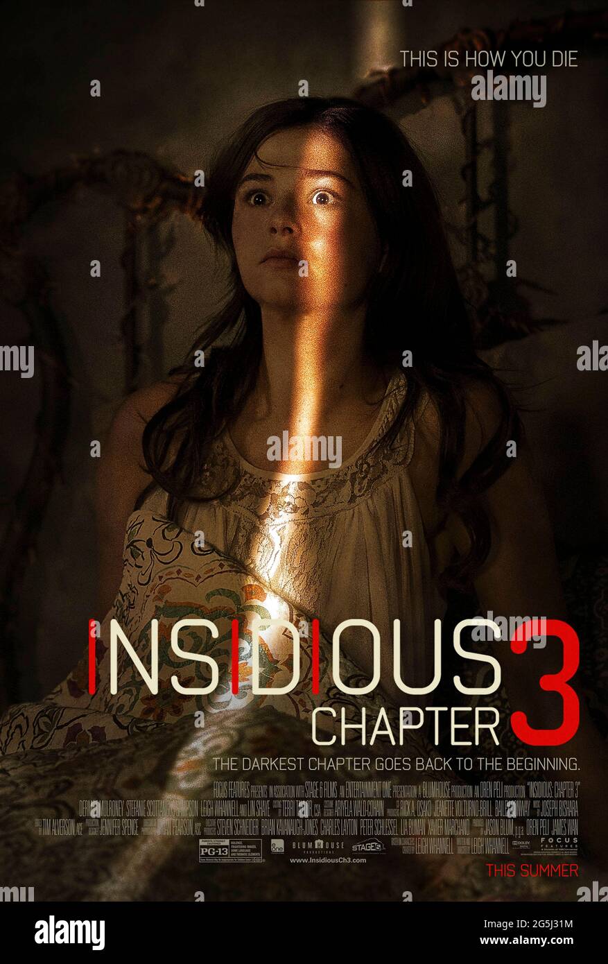 Insidious: Chapter 3 (2013) directed by James Wan and starring Patrick Wilson, Rose Byrne and Barbara Hershey. Prequel revealing how gifted psychic Elise Rainier used her ability to contact the dead to help a teenage girl who has been targeted by a dangerous supernatural entity. Stock Photo