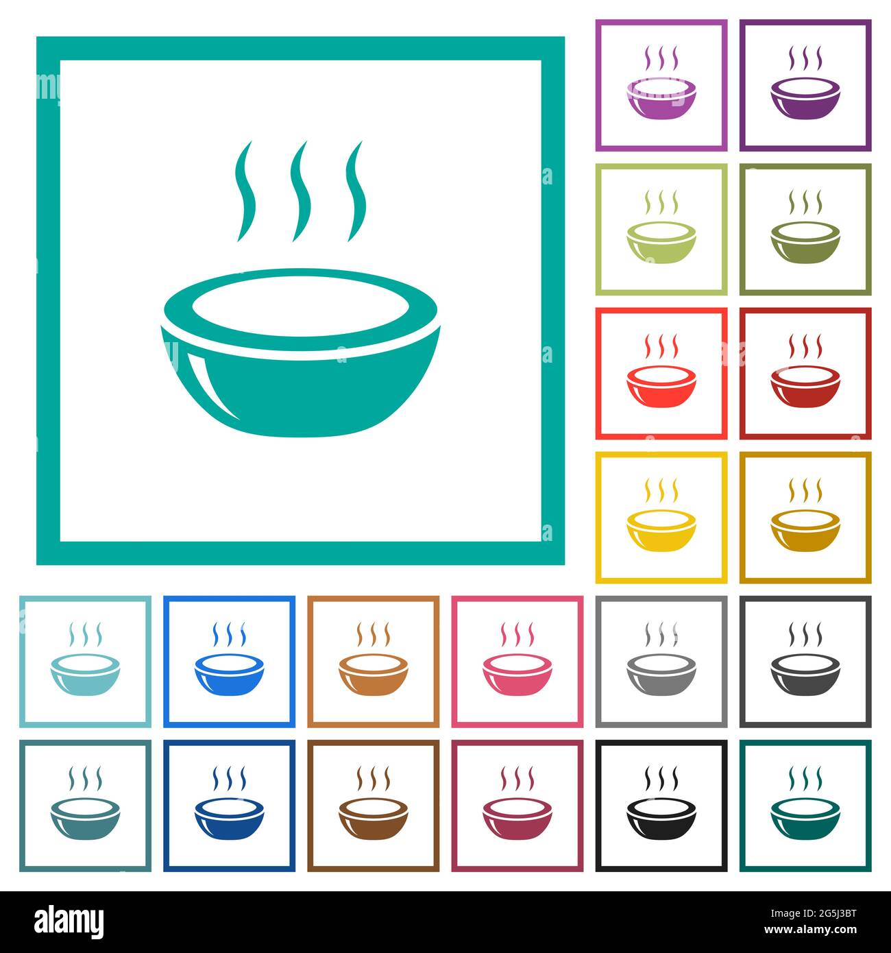 Glossy steaming bowl flat color icons with quadrant frames on white background Stock Vector