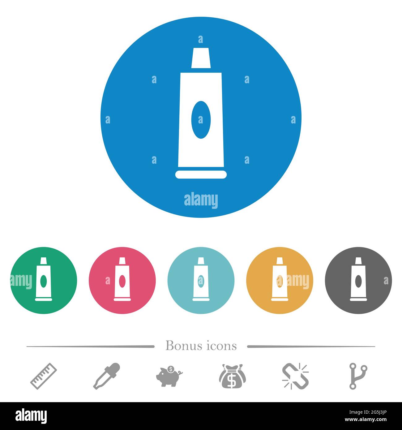 Toothpaste tube flat white icons on round color backgrounds. 6 bonus ...