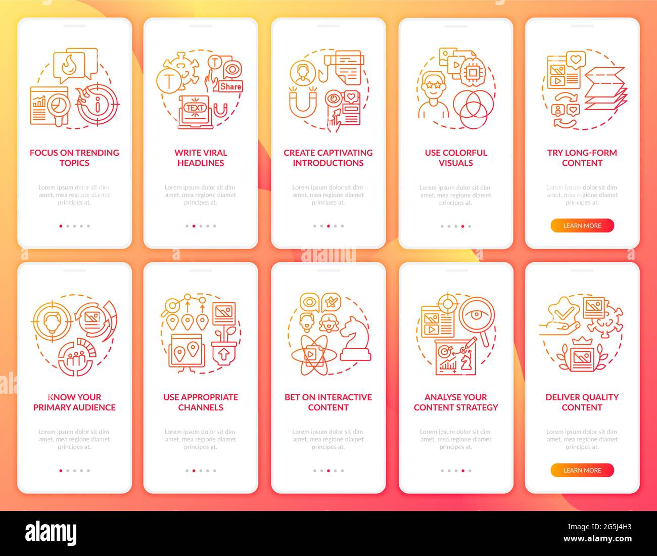 Make content buzzworthy onboarding mobile app page screens set Stock ...