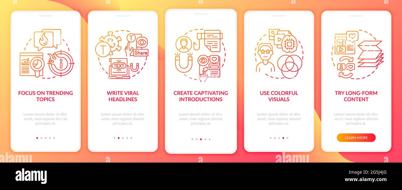 Shareable content creation tips onboarding mobile app page screen Stock Vector