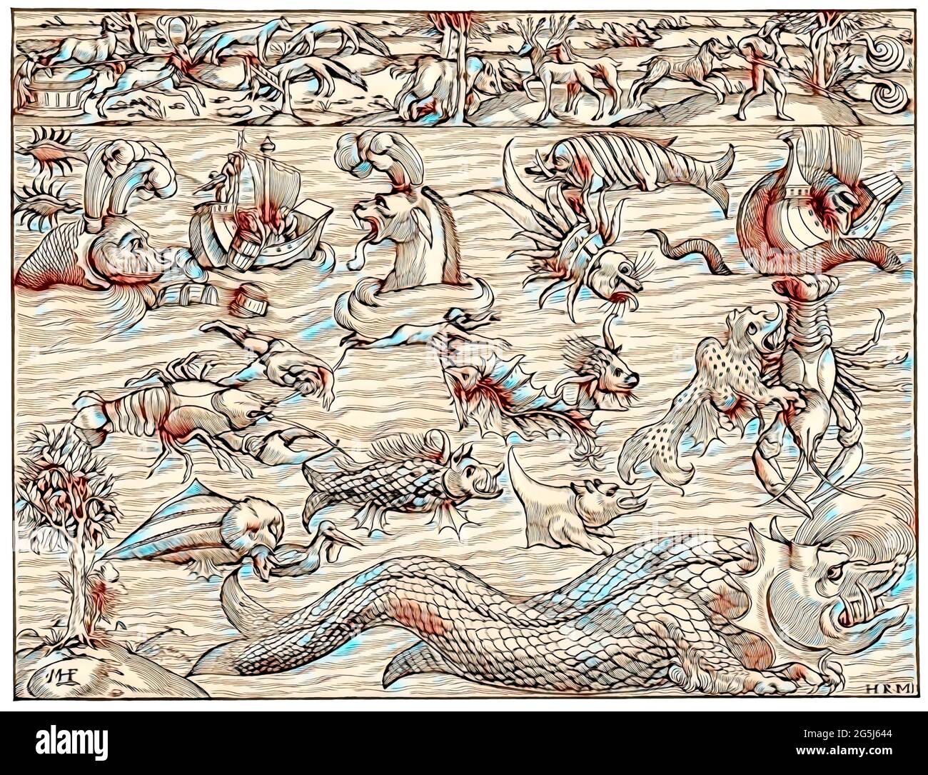 Land and sea monsters, based on Sebastian Munster's 'Comograhia uiversalis” from 1550, digitally edited Stock Photo