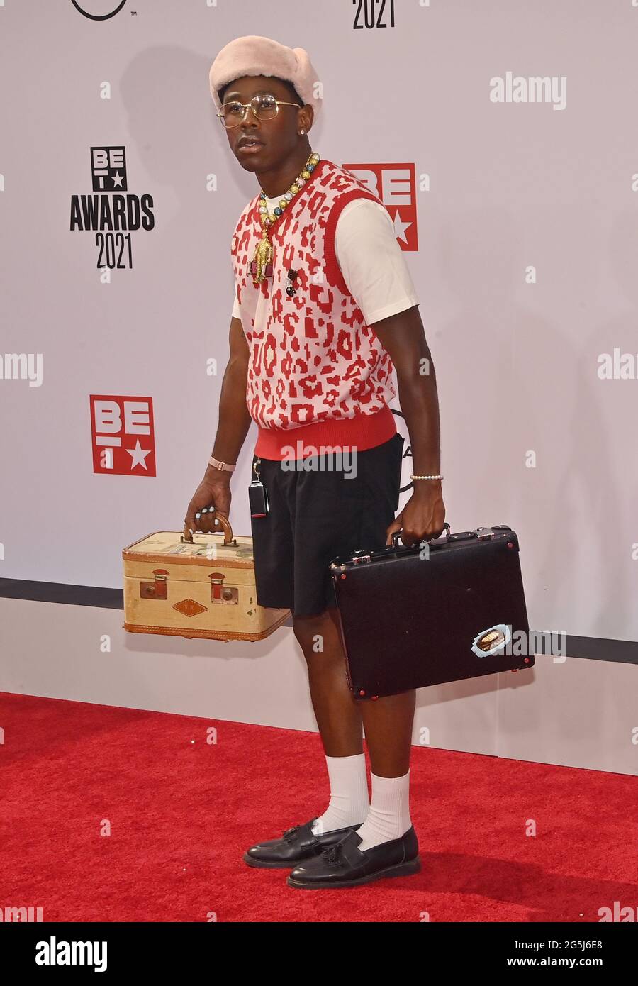 Los Angeles, United States. 28th June, 2021. Tyler, the Creator arrives for the BET Awards at the Microsoft Theater in Los Angeles on Sunday, June 27, 2021. After a socially distanced ceremony in 2020 due to the coronavirus pandemic, the BET Awards returned to a live ceremony. Photo by Jim Ruymen/UPI Credit: UPI/Alamy Live News Stock Photo