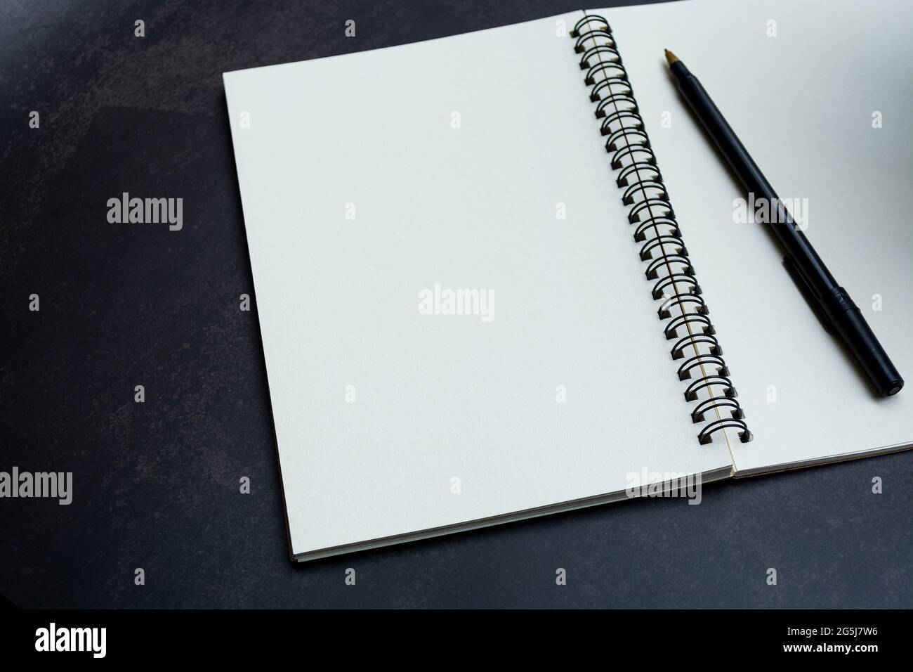 White notebook and pen on dark background Stock Photo