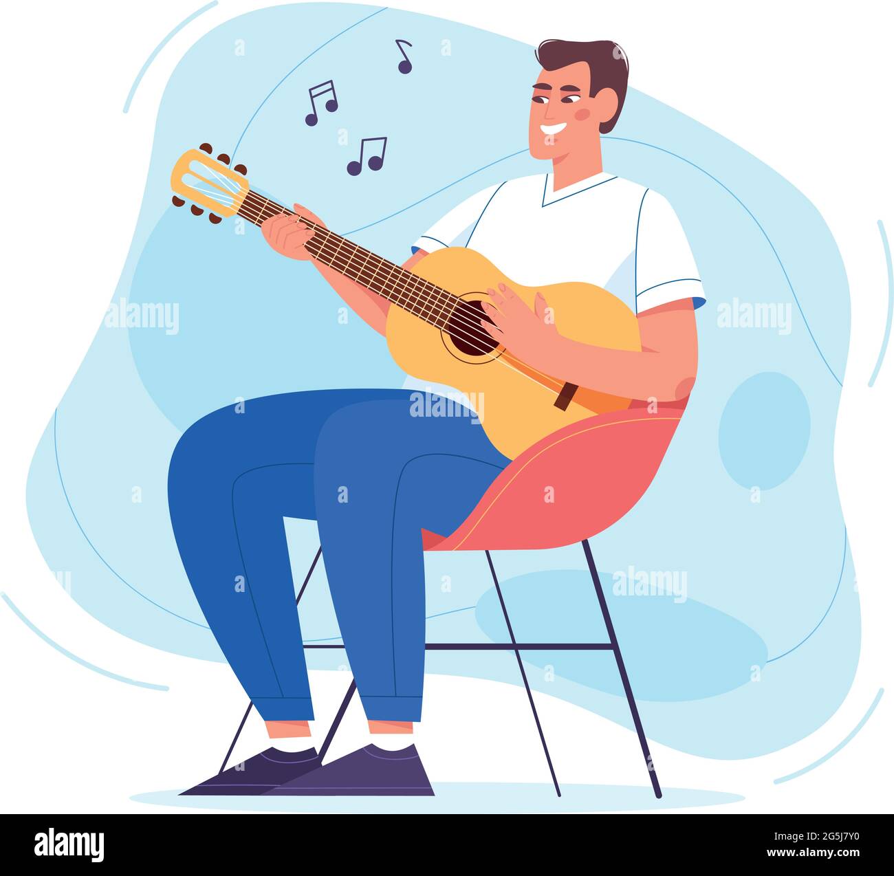 Happy young man sitting in armchair and playing guitar. Hobby and relaxing weekend at home vector illustration in flat style. Acoustic lessons. Joyful guy holding musician instrument and singing song. Stock Vector